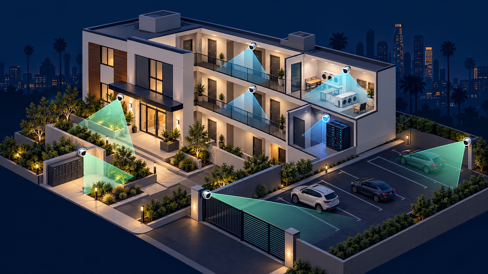 Illustrated apartment building camera plan covering entrances, mailboxes, common areas, and parking