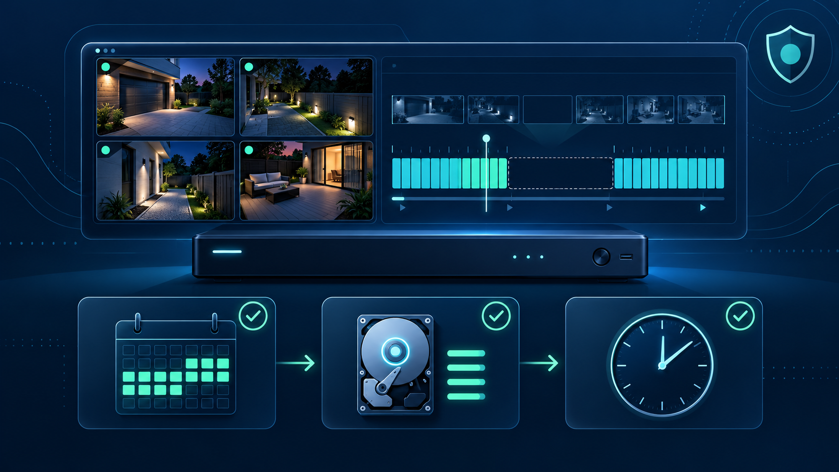 Illustrated DVR and NVR troubleshooting dashboard showing live cameras, a gap in the recording timeline, a schedule, storage drive, and system clock