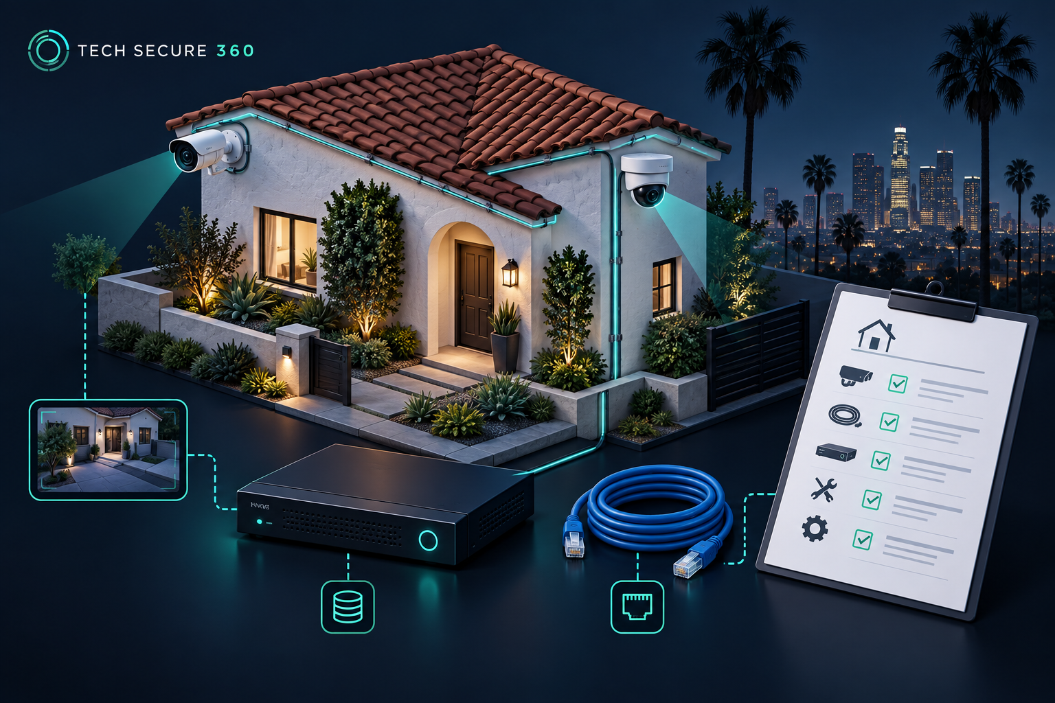 Illustration of a Los Angeles home with cameras, cabling, a recorder and an installation quote checklist