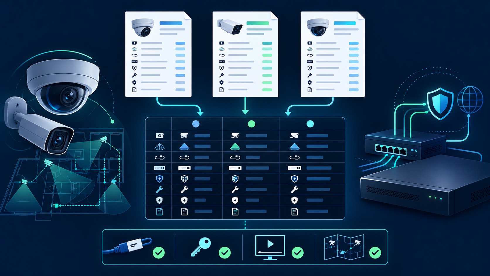Illustrated checklist comparing security camera installation quotes, equipment, coverage, storage, and handoff