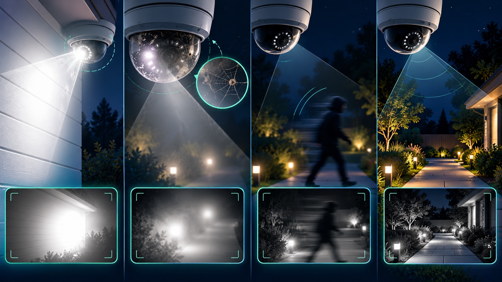 Night vision troubleshooting illustration comparing IR glare, a dirty dome, motion blur, and a corrected camera view