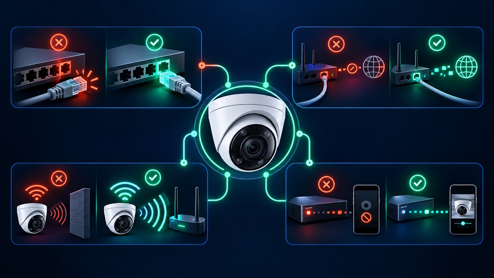 Diagnostic illustration showing camera power, Ethernet, Wi-Fi, recorder, and remote-access checks