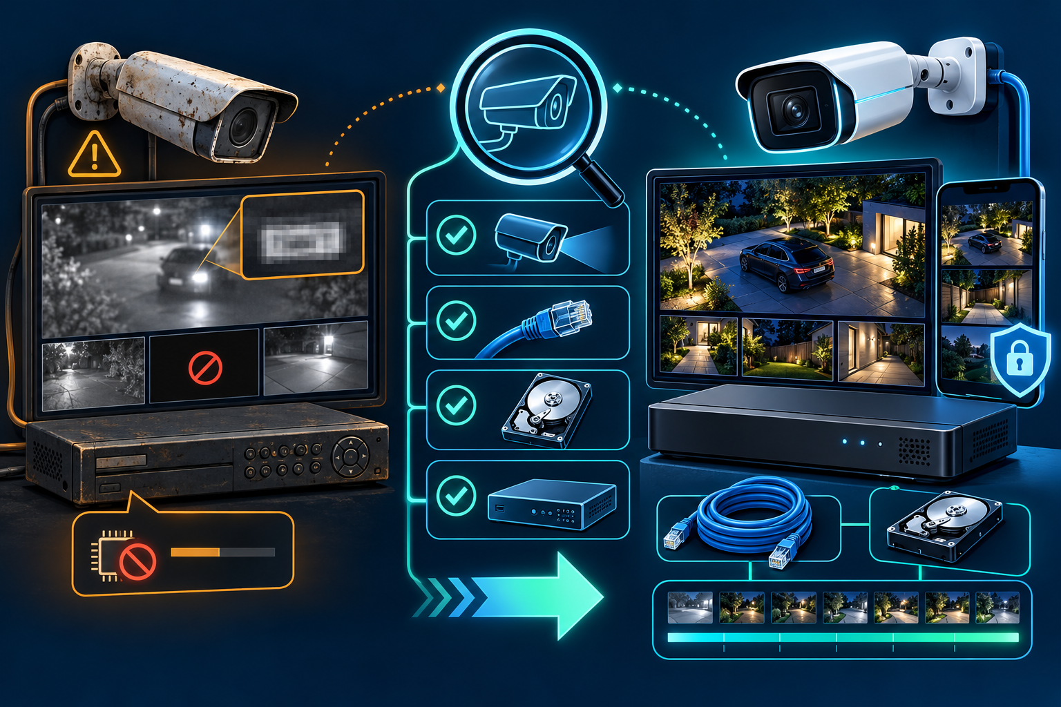 Illustrated audit of an older security camera system and targeted upgrade options