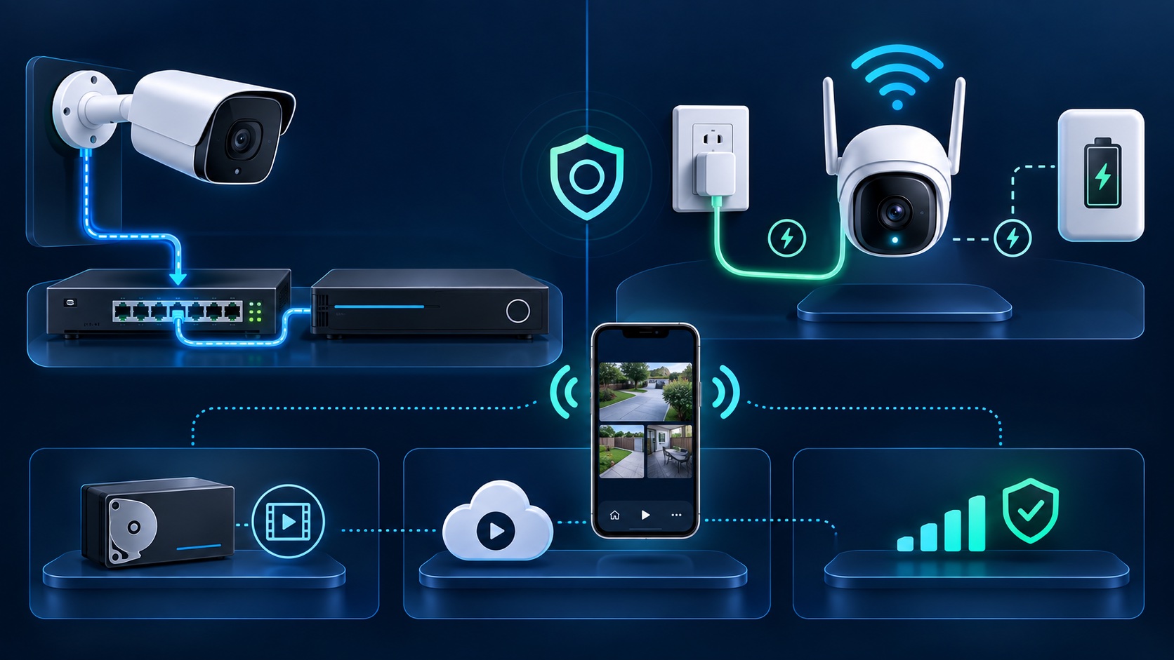 Diagram comparing PoE and Wi-Fi cameras, power options, recording destinations, and phone access
