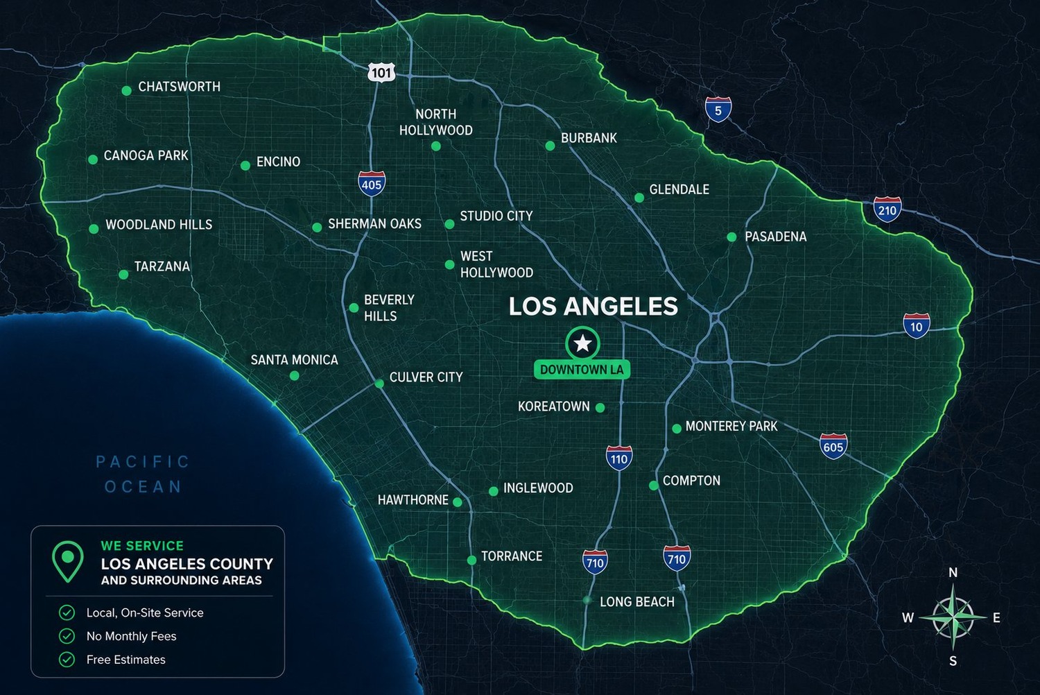 Map of Tech Secure 360's security camera service area across Los Angeles County — Downtown LA, the Westside, San Fernando Valley, San Gabriel Valley, and the South Bay
